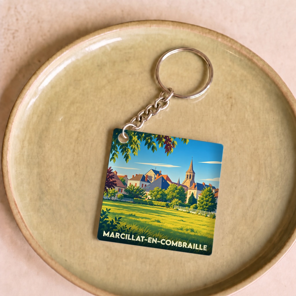Porte-clés souvenir de la ville de Marcillat-en-Combraille avec une illustration stylisée d'un paysage de campagne.