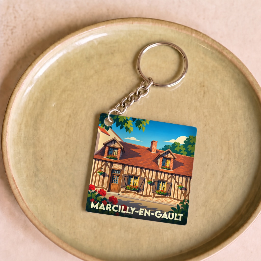 Porte-clés souvenir de la ville de Marcilly-en-Gault illustré d'une maison traditionnelle à colombages.