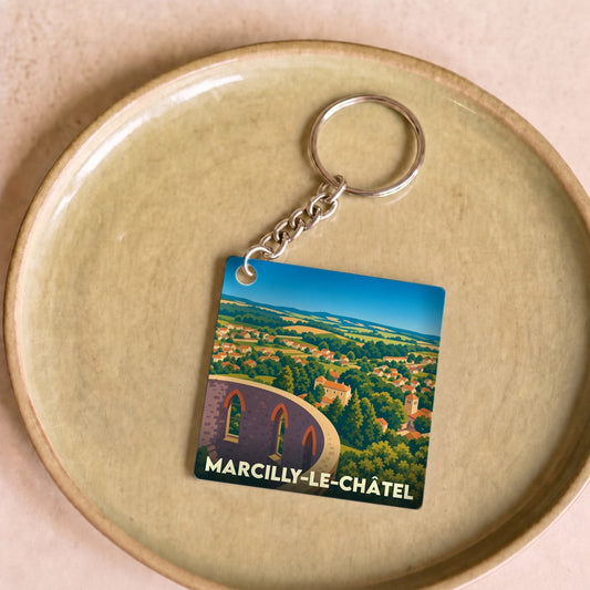 Porte-clés souvenir de Marcilly-le-Châtel avec une illustration stylisée du village et de son château.