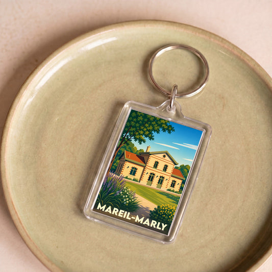 Porte-clés souvenir de la ville de Mareil-Marly avec une illustration stylisée de sa gare.