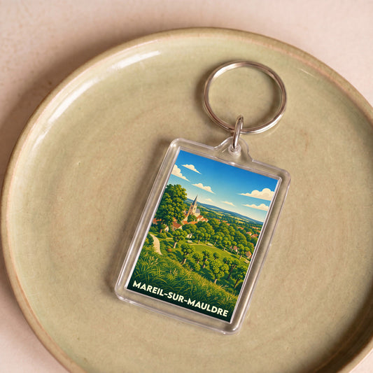 Porte-clés souvenir de la ville de Mareil-sur-Mauldre avec une illustration stylisée.