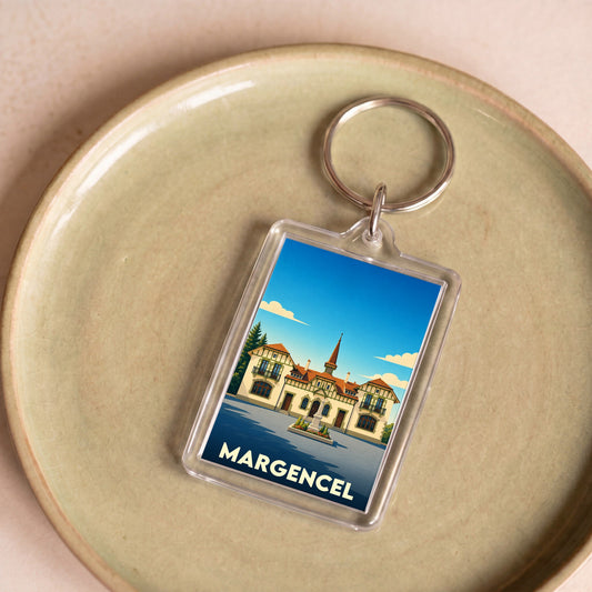 Porte-clés souvenir de la ville de Margencel avec une illustration stylisée.