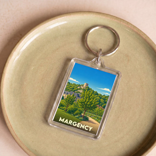 Porte-clés souvenir de la ville de Margency avec une illustration stylisée de son paysage.