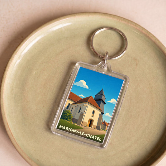 Porte-clés souvenir de Marigny-le-Châtel avec une illustration stylisée de son église.