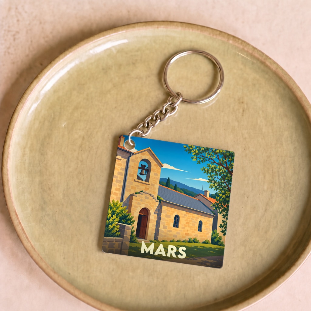 Porte-clés souvenir de la ville de Mars avec une illustration stylisée de son église romane.