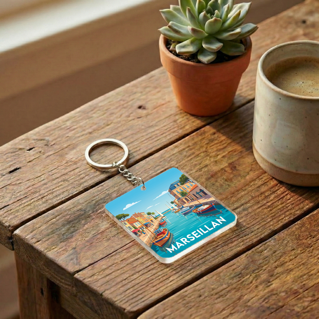 Porte-clés souvenir de la ville de Marseillan avec une illustration stylisée de son port.