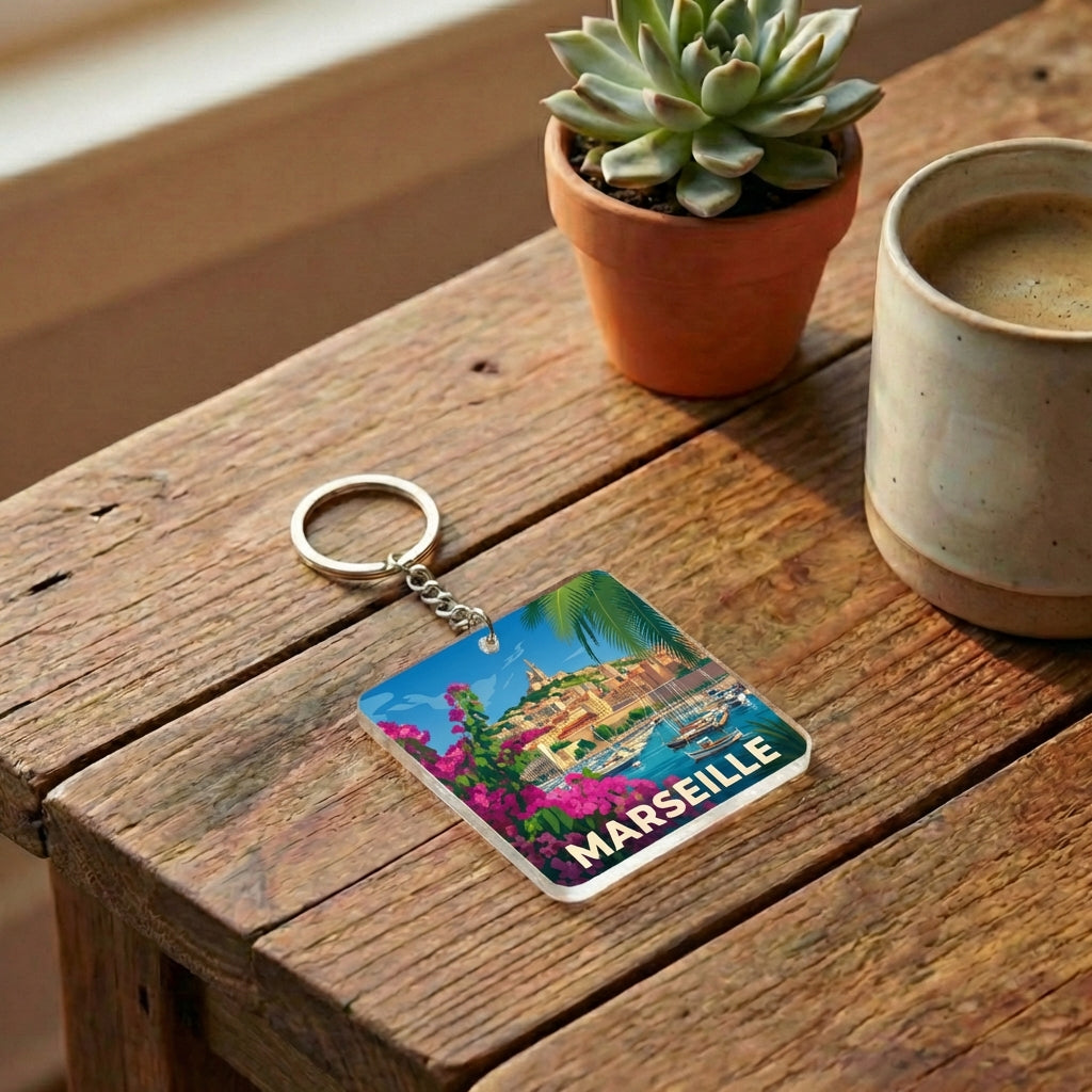 Porte-clés souvenir de la ville de Marseille avec une illustration colorée et stylisée.