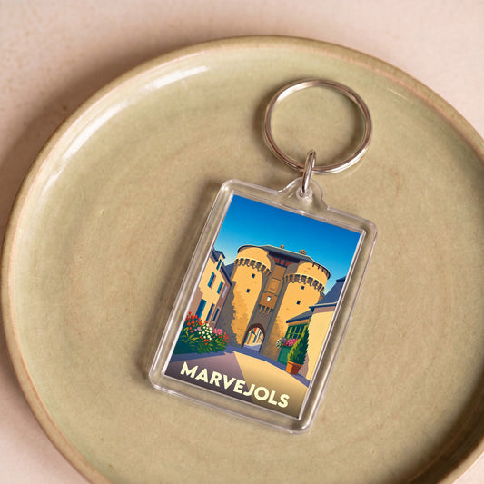 Porte-clés souvenir de la ville de Marvejols avec une illustration stylisée de ses portes médiévales.