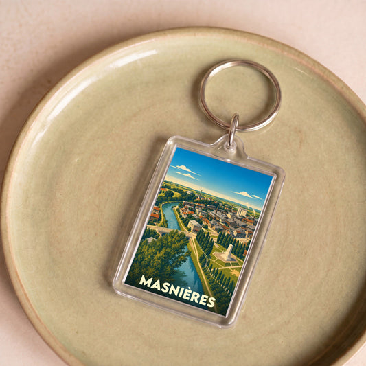 Porte-clés souvenir de la ville de Masnières avec une illustration stylisée d'un paysage urbain au bord de l'eau.