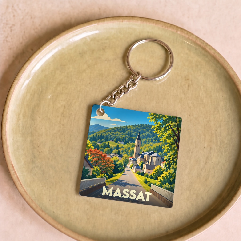 Porte-clés souvenir de la ville de Massat avec une illustration stylisée d'un paysage de montagne.
