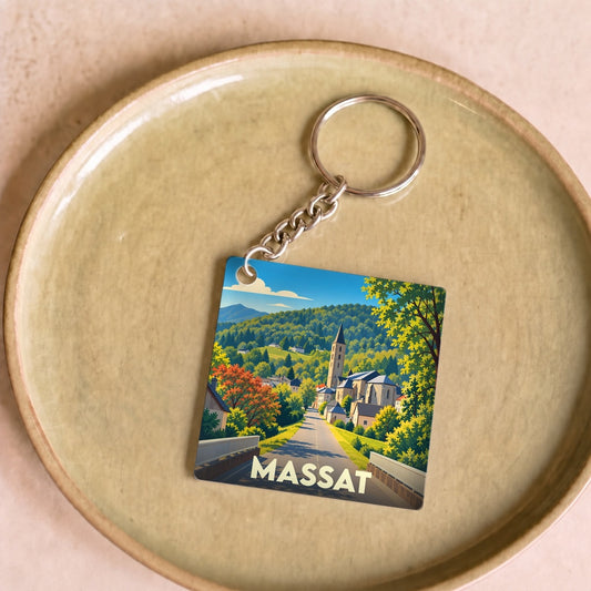 Porte-clés souvenir de la ville de Massat avec une illustration stylisée d'un paysage de montagne.