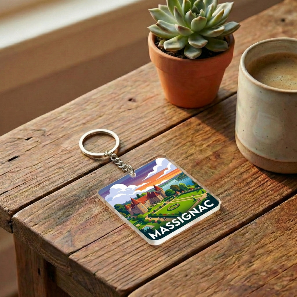Porte-clés souvenir de la ville de Massignac avec une illustration stylisée.