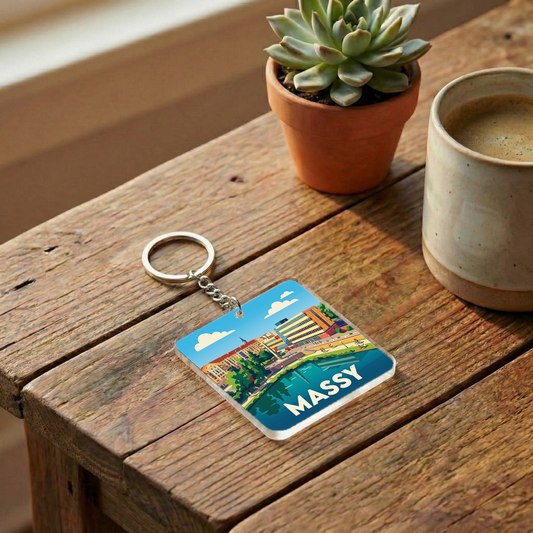 Porte-clés souvenir de la ville de Massy avec une illustration stylisée de son paysage urbain.