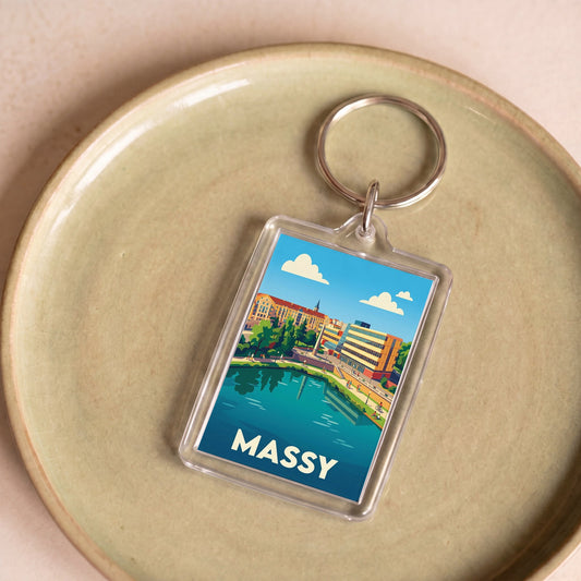 Porte-clés souvenir de la ville de Massy avec une illustration stylisée de son paysage urbain.