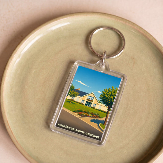 Porte-clés souvenir de la ville de Maulévrier-Sainte-Gertrude avec une illustration stylisée.