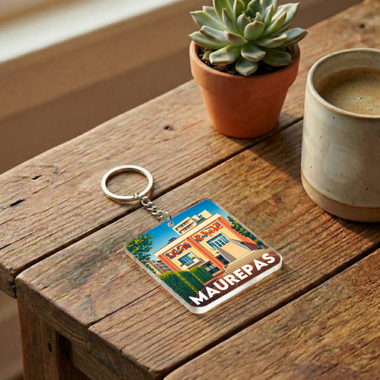 Porte-clés souvenir de la ville de Maurepas avec une illustration stylisée.