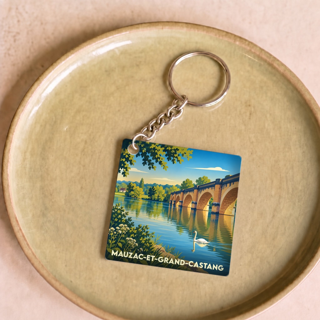 Porte-clés souvenir de la ville de Mauzac-et-Grand-Castang avec une illustration stylisée.