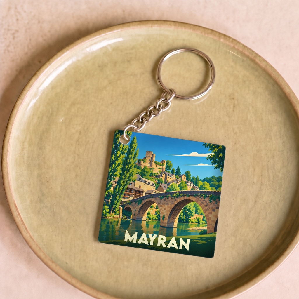 Porte-clés souvenir de la ville de Mayran avec une illustration stylisée d'un pont en pierre et d'un château.