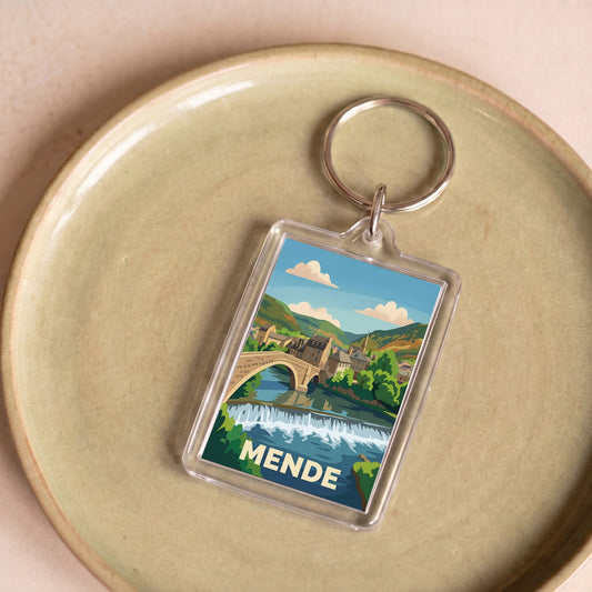 Porte-clés souvenir de la ville de Mende avec une illustration stylisée.
