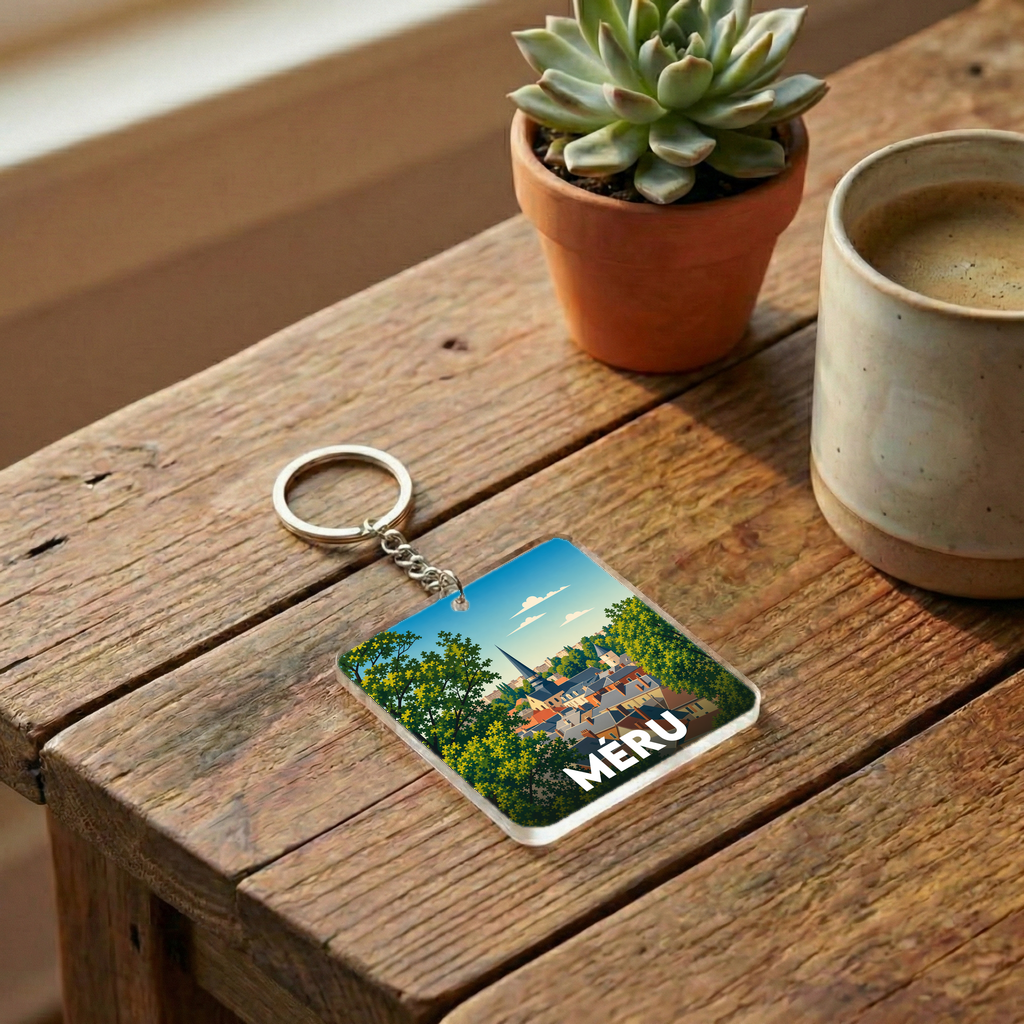 Porte-clés souvenir de la ville de Méru avec une illustration stylisée.