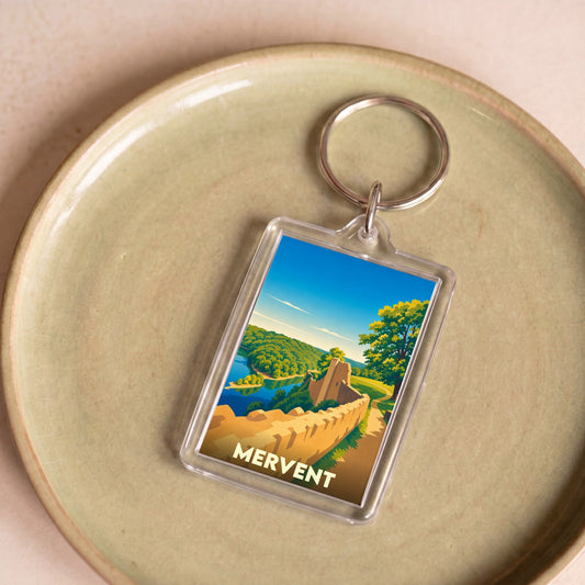 Porte-clés souvenir de la ville de Mervent avec une illustration stylisée.
