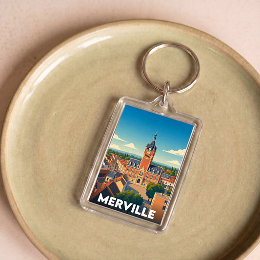 Porte-clés souvenir de la ville de Merville avec une illustration stylisée.