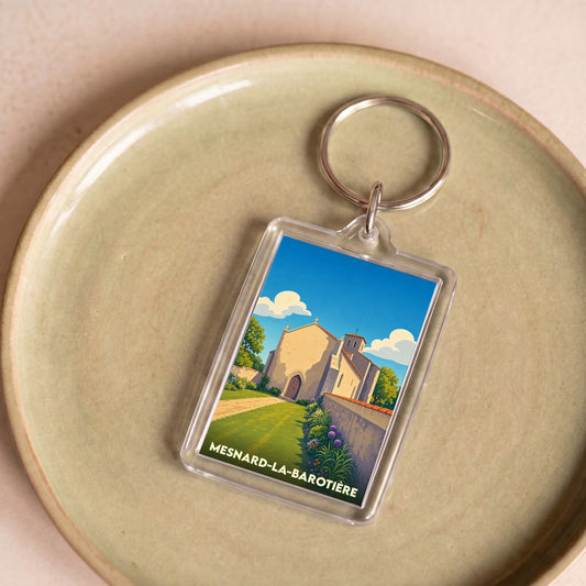 Porte-clés souvenir de la ville de Mesnard-la-Barotière avec une illustration stylisée de son église ancienne.