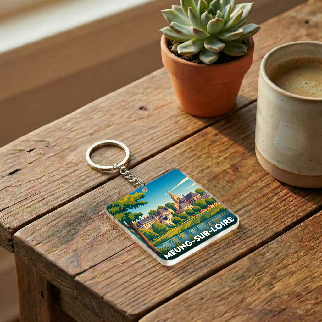 Porte-clés souvenir de la ville de Meung-sur-Loire avec une illustration stylisée.