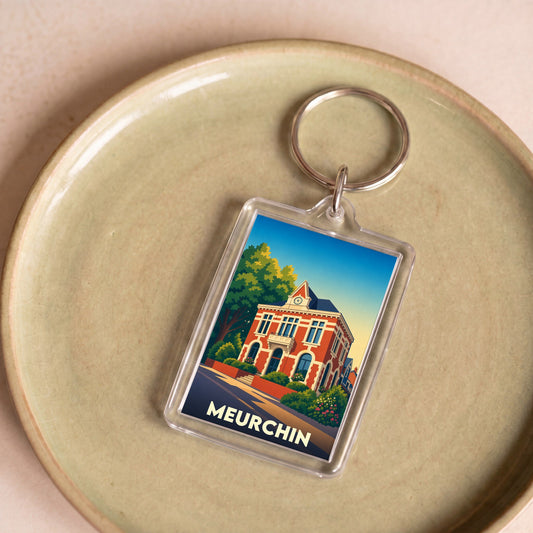 Porte-clés souvenir de la ville de Meurchin avec une illustration stylisée.