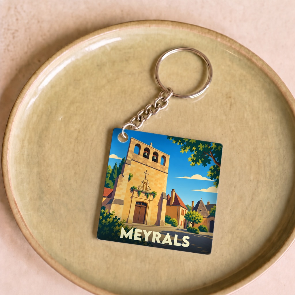 Porte-clés souvenir de la ville de Meyrals avec une illustration stylisée d'une église typique.