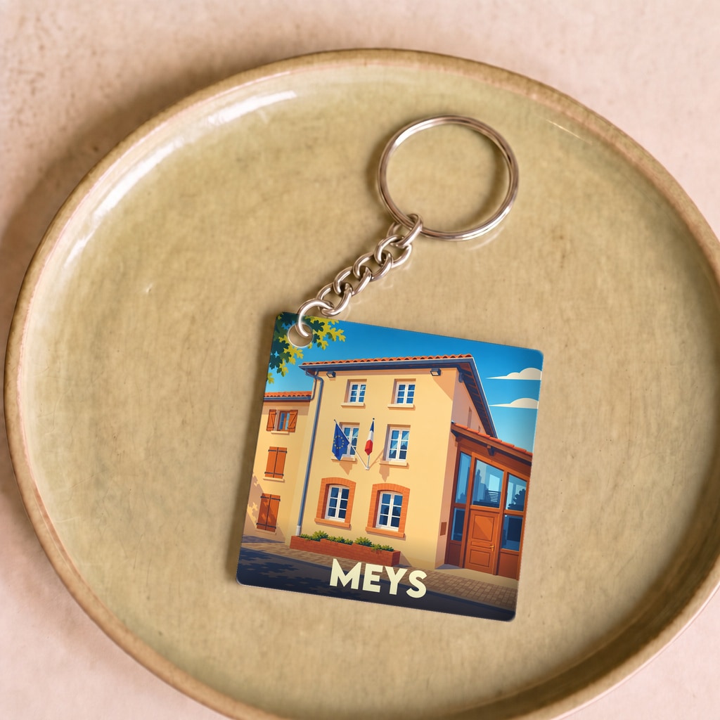 Porte-clés souvenir de la ville de Meys avec une illustration stylisée de sa mairie.