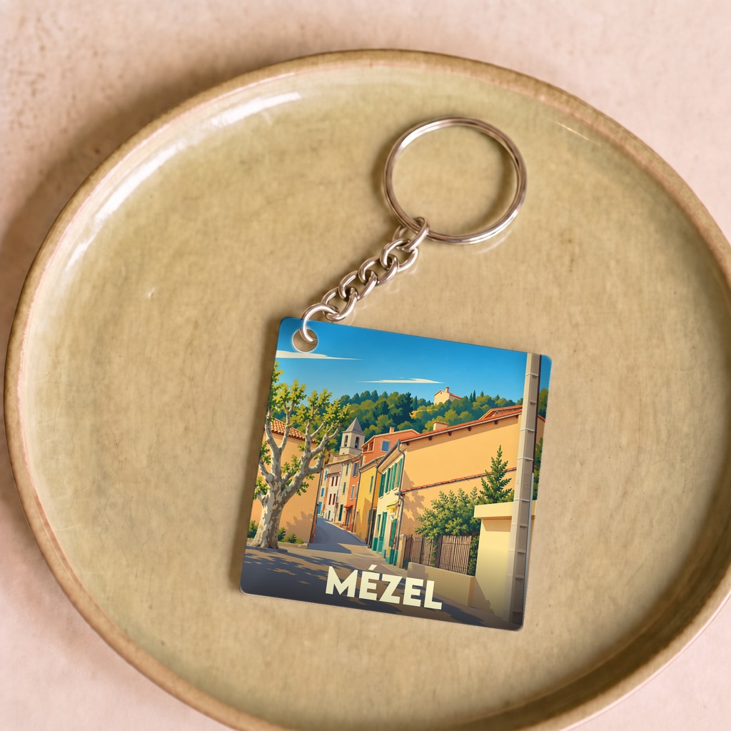 Porte-clés souvenir de la ville de Mézel avec une illustration stylisée d'une rue ensoleillée.