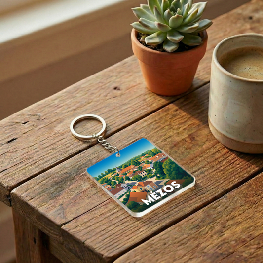 Porte-clés souvenir de la ville de Mézos avec une illustration stylisée.