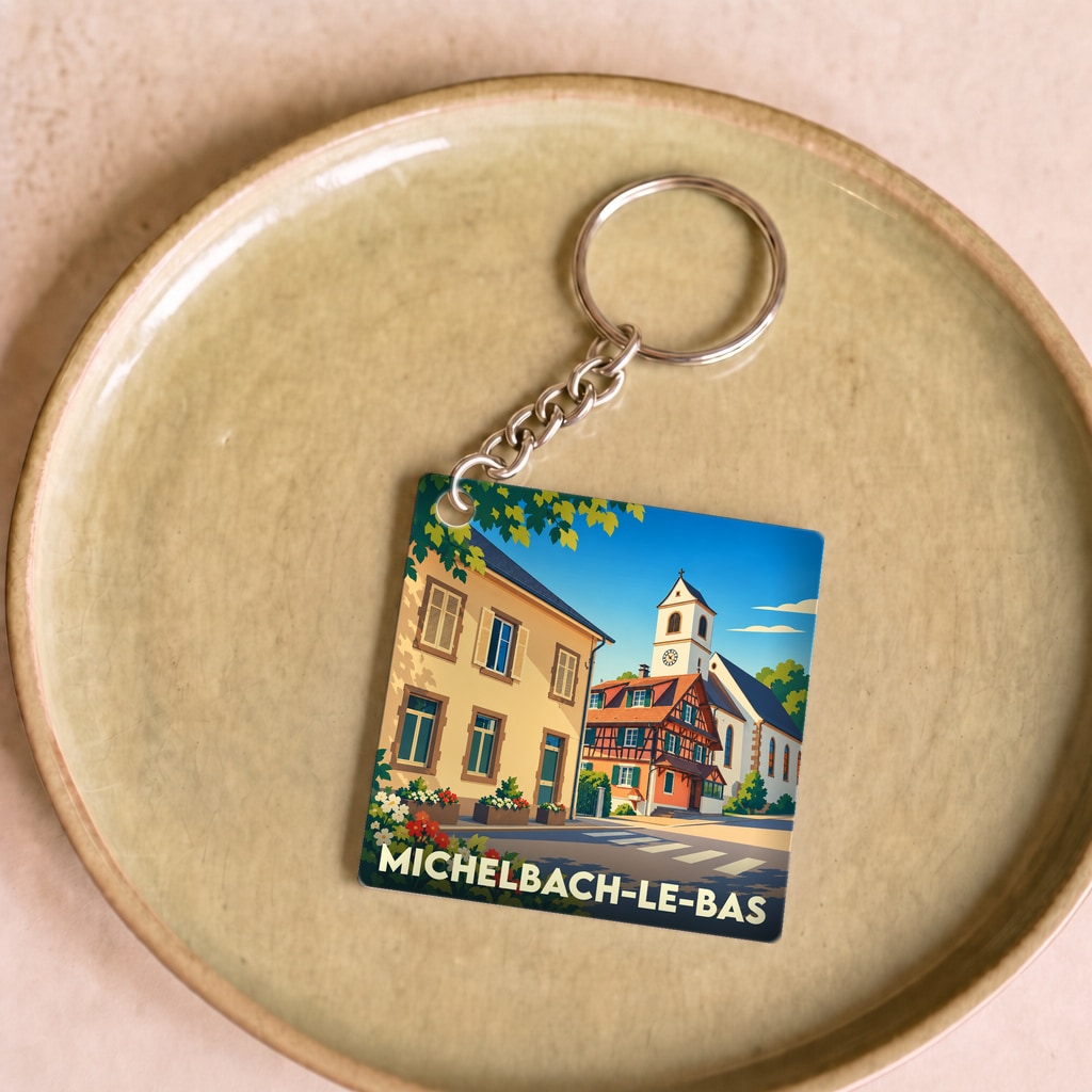 Porte-clés souvenir de la ville de Michelbach-le-Bas avec une illustration stylisée de ses bâtiments typiques.
