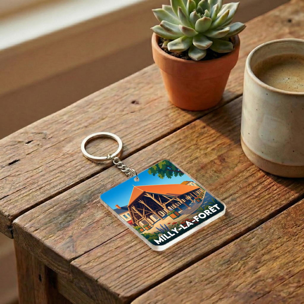 Porte-clés souvenir de la ville de Milly-la-Forêt avec une illustration stylisée de sa halle.