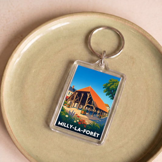 Porte-clés souvenir de la ville de Milly-la-Forêt avec une illustration stylisée de sa halle.
