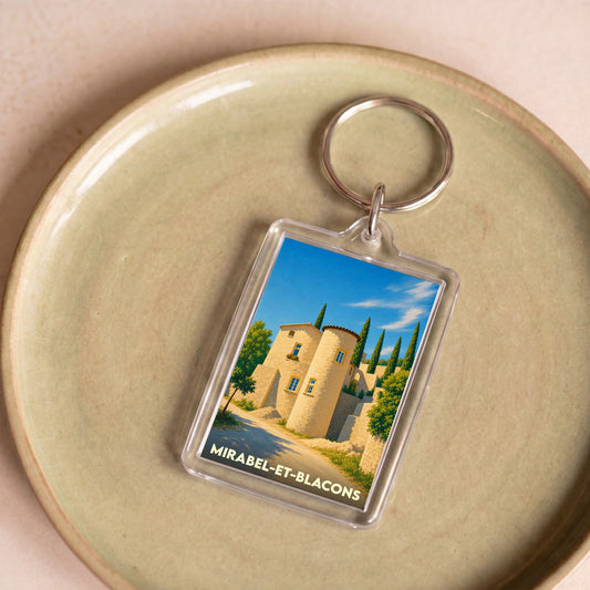 Porte-clés souvenir de la ville de Mirabel-et-Blacons avec une illustration stylisée.