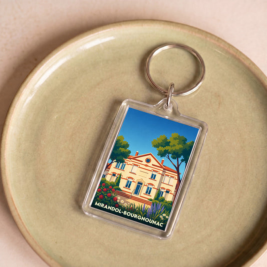 Porte-clés souvenir de la ville de Mirandol-Bourgnounac avec une illustration stylisée.