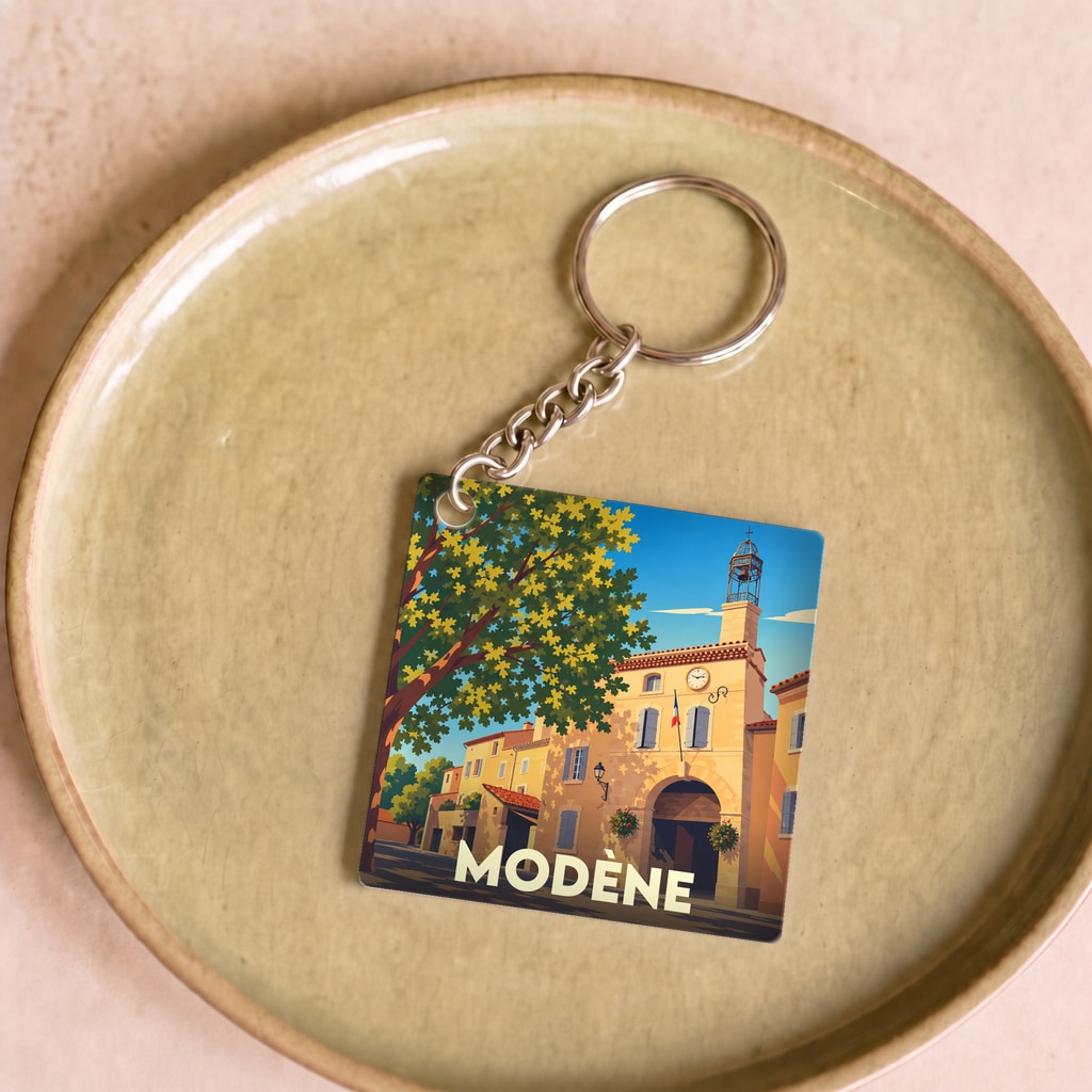 Porte-clés souvenir de la ville de Modène avec une illustration stylisée.