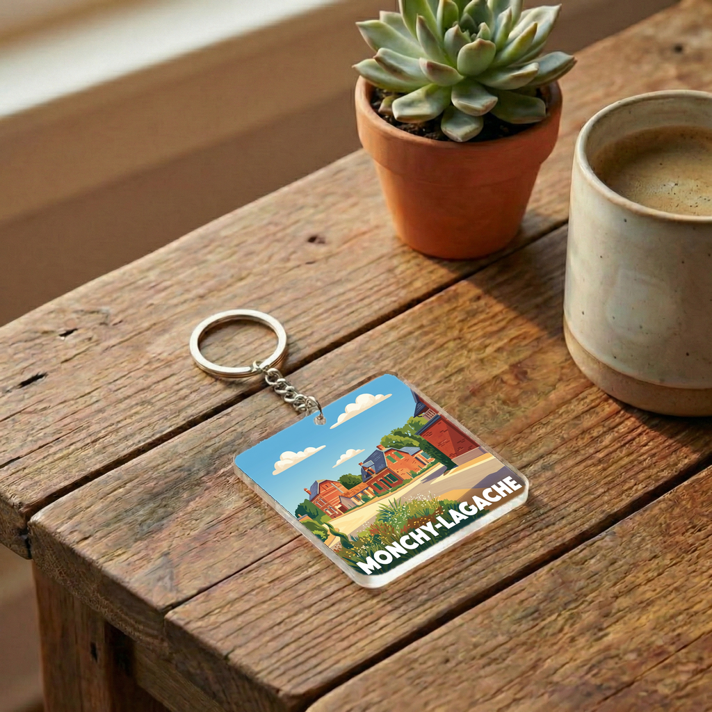 Porte-clés souvenir de la ville de Monchy-Lagache avec une illustration stylisée.