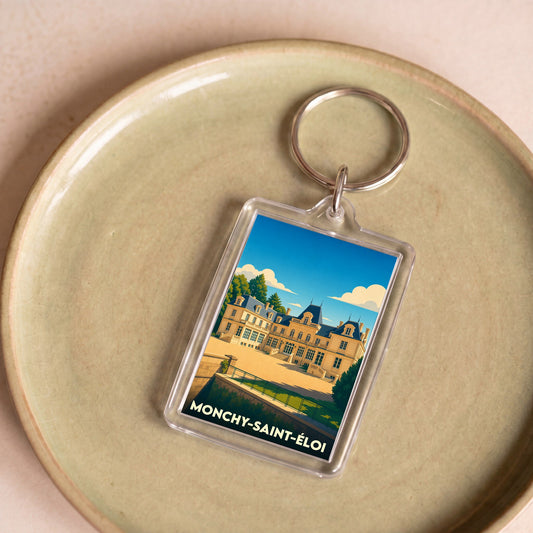 Porte-clés souvenir de la ville de Monchy-Saint-Éloi avec une illustration stylisée de son château.
