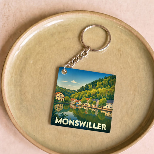 Porte-clés souvenir de la ville de Monswiller avec une illustration stylisée.