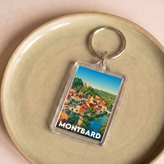 Porte-clés souvenir de la ville de Montbard avec une illustration stylisée.