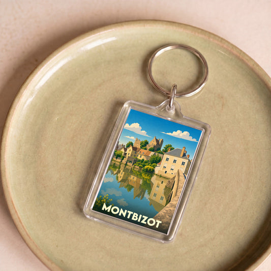 Porte-clés souvenir de la ville de Montbizot avec une illustration stylisée.
