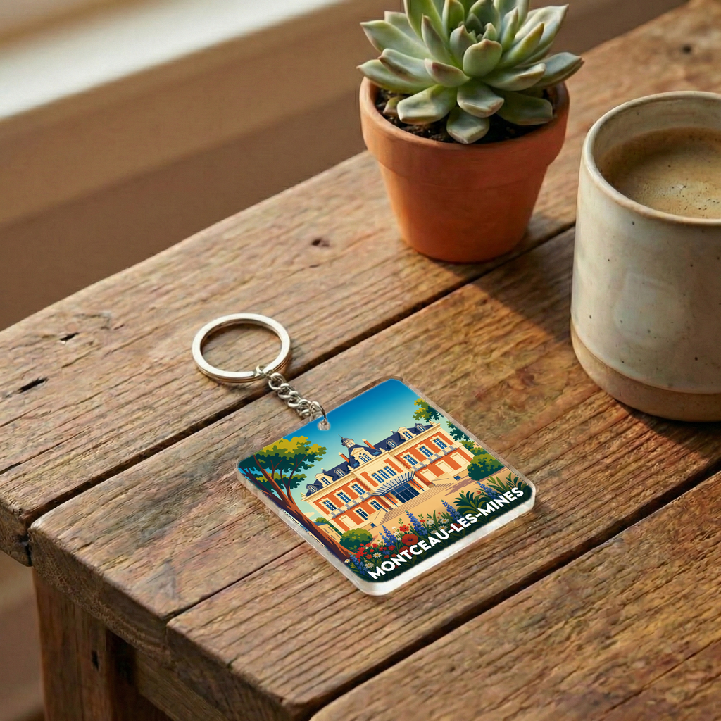 Porte-clés souvenir de la ville de Montceau-les-Mines avec une illustration stylisée.