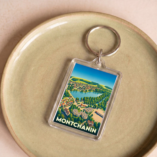 Porte-clés souvenir de la ville de Montchanin avec une illustration stylisée vue du ciel.