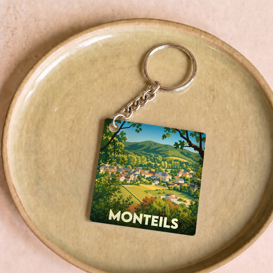 Porte-clés souvenir de la ville de Monteils avec une illustration de paysage vallonné.