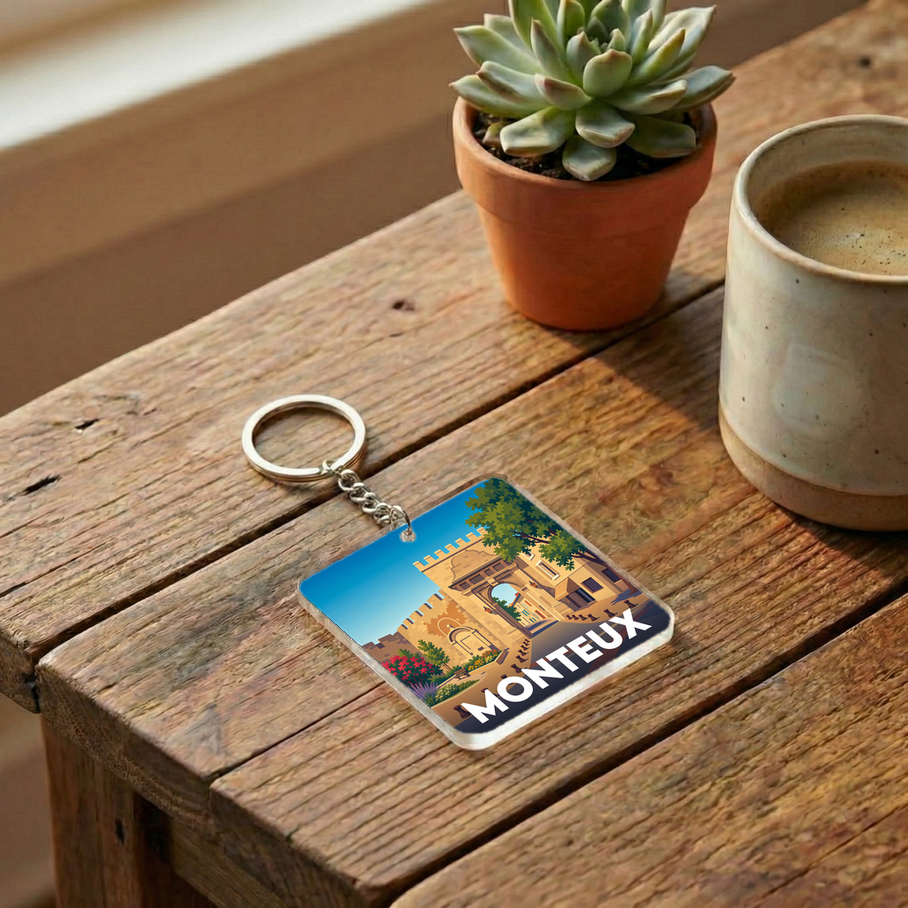 Porte-clés souvenir de la ville de Monteux avec une illustration stylisée.