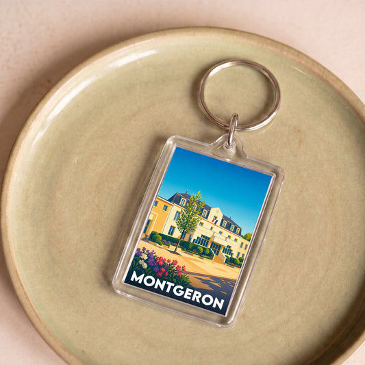 Porte-clés souvenir de la ville de Montgeron avec une illustration stylisée de l'hôtel de ville.