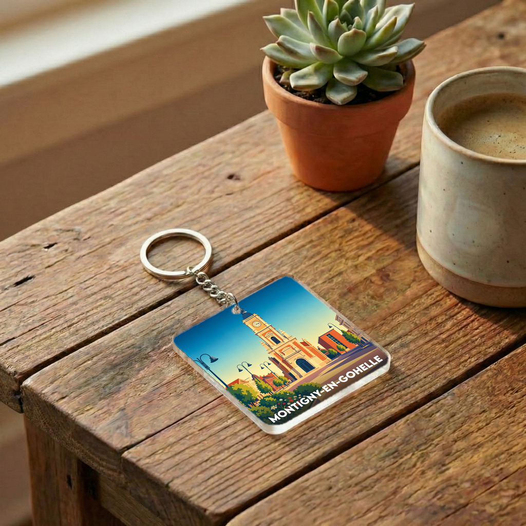 Porte-clés souvenir de la ville de Montigny-en-Gohelle avec une illustration stylisée.